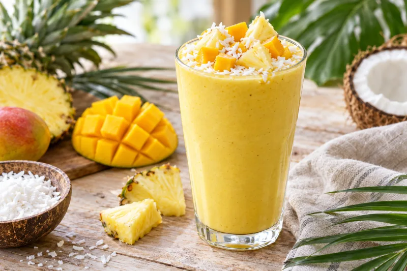 Cremiger veganer Ananas-Mango-Kokos-Smoothie in Gläsern mit Kokosraspeln und Fruchtstücken garniert.
