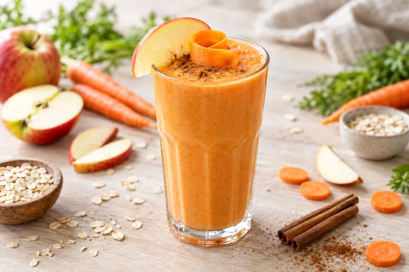 Cremiger Apfel-Karotten-Smoothie im Glas mit Apfel- und Karottenscheiben, Zimtstange und Strohhalm
