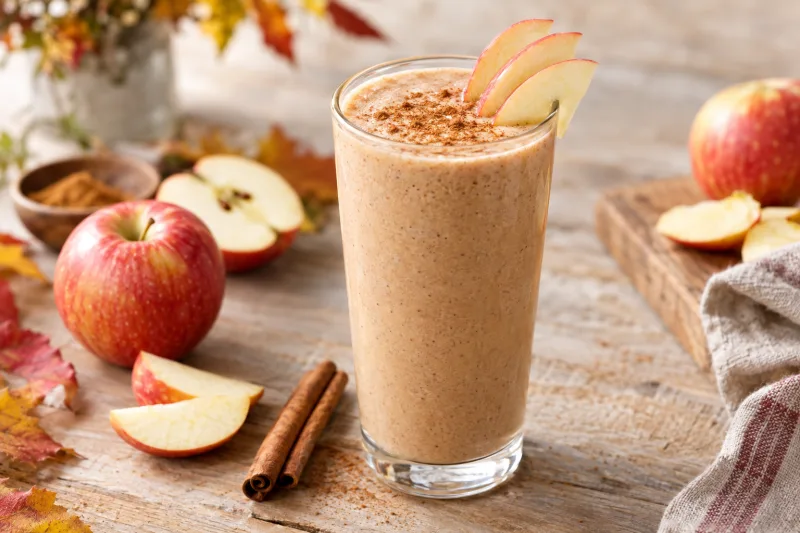 Cremiger Apfel-Zimt-Smoothie im Glas mit Zimtstange und Apfelspalten