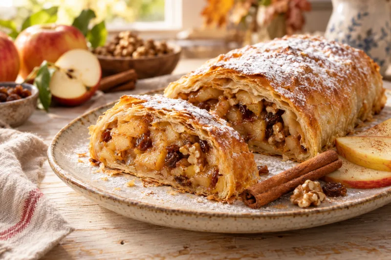 Veganer Apfelstrudel mit goldbrauner Kruste, bestäubt mit Puderzucker, auf einem Teller