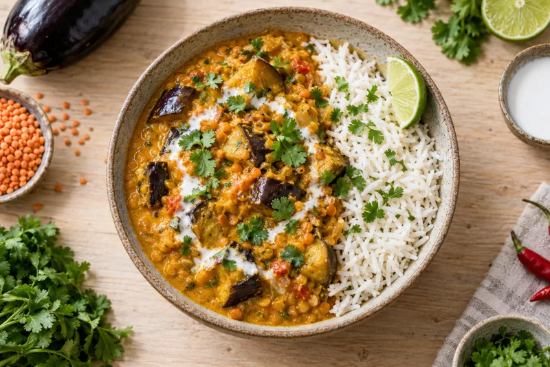 Cremiges veganes Auberginen-Curry in einer Schüssel, garniert mit frischem Koriander, dazu Basmatireis