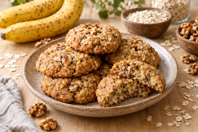 Vegane Bananen-Haferkekse auf einem Teller, goldbraun gebacken, mit Haferflocken und Bananenstücken dekoriert
