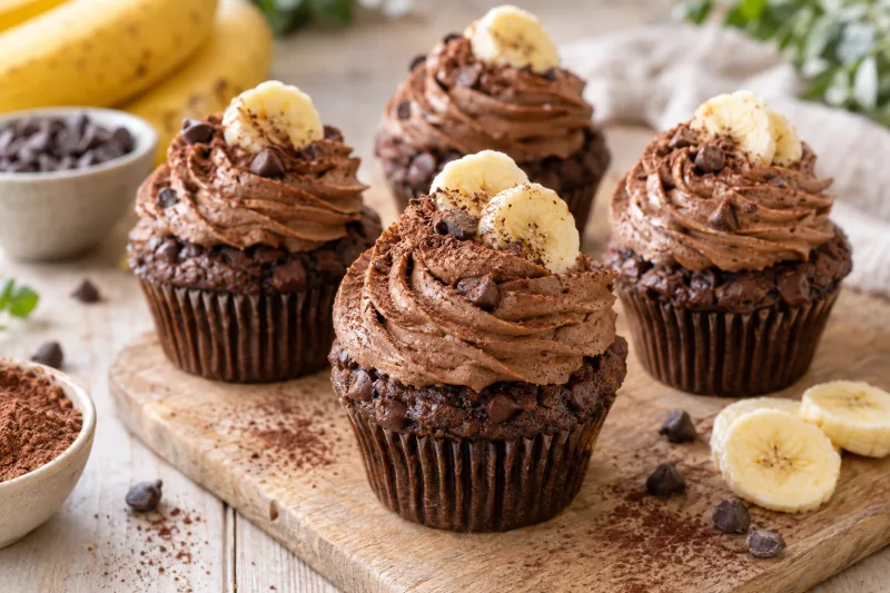 Vegane Bananen-Schokoladen-Cupcakes mit Schokostückchen auf einem Teller, bestäubt mit Puderzucker
