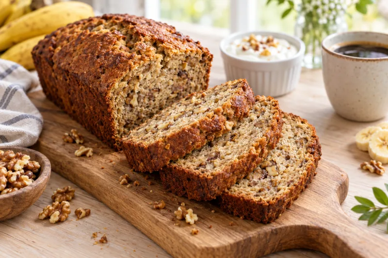 Saftiges veganes Bananenbrot in Scheiben geschnitten auf einem Holzbrett, mit Walnüssen bestreut