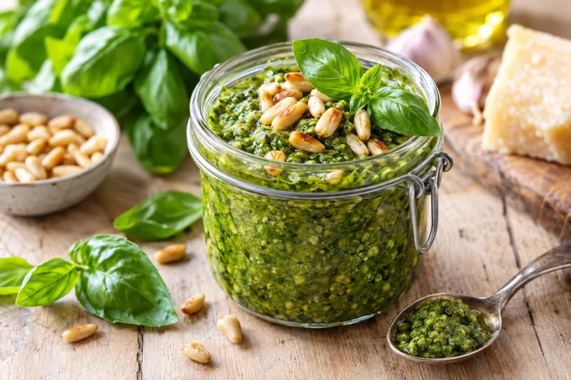 Veganes Basilikum-Pesto in einem Glas, garniert mit Basilikumblättern und Pinienkernen