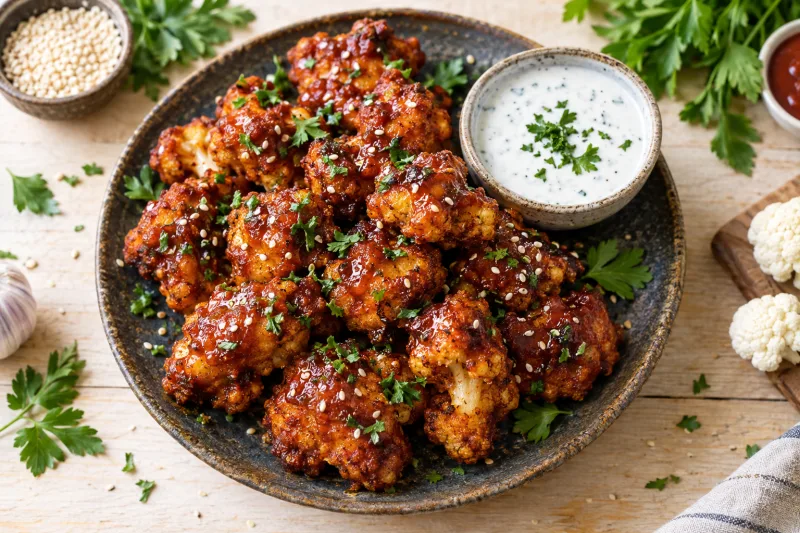 Vegane BBQ-Blumenkohlflügel auf einem Teller, glasiert und mit Sesam bestreut, dazu Dip und Kräuter.