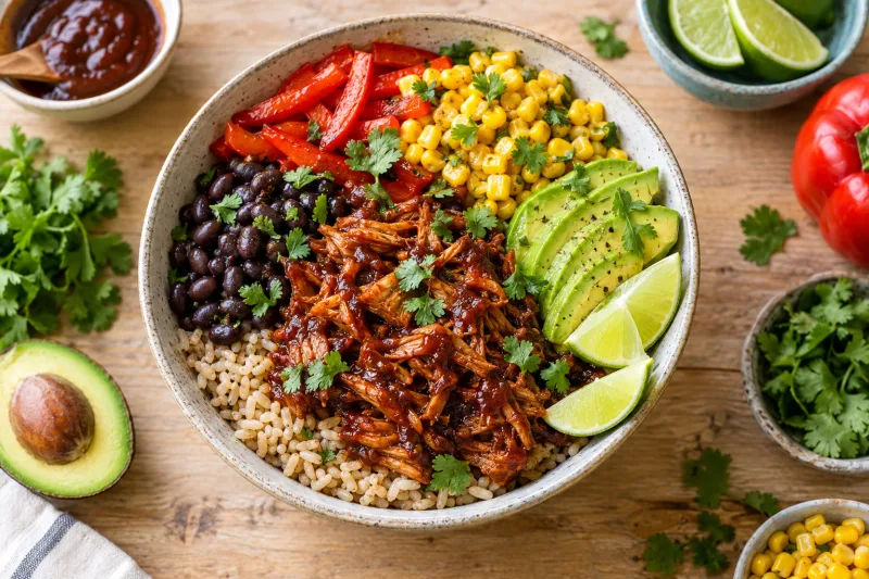Vegane BBQ-Jackfruit-Bowl mit Reis, Mais, schwarzen Bohnen, Avocado und Koriander in einer Schale
