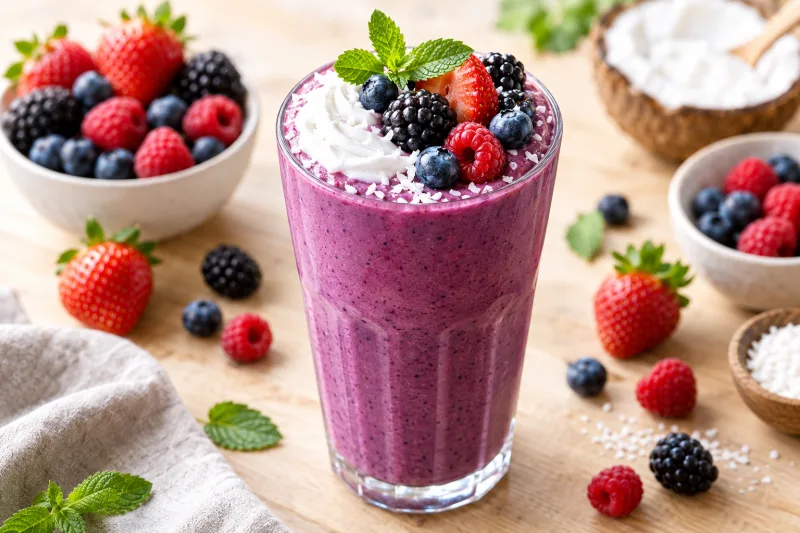Beerenexplosion-Smoothie im Glas, garniert mit frischen Beeren und Minze, auf hellem Holztisch