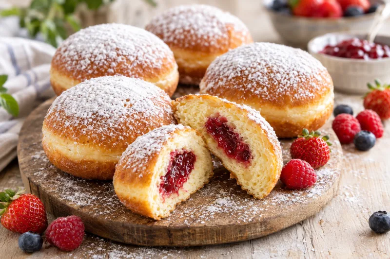 Vegane Berliner mit Marmeladenfüllung und Puderzucker auf einem Holzbrett