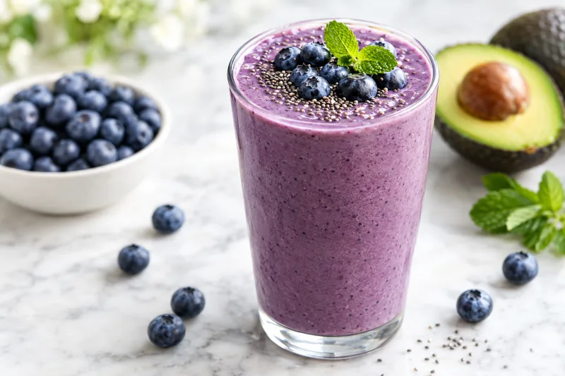 Blaubeer-Avocado-Energiekick-Smoothie in einem hohen Glas, garniert mit Blaubeeren und Minze