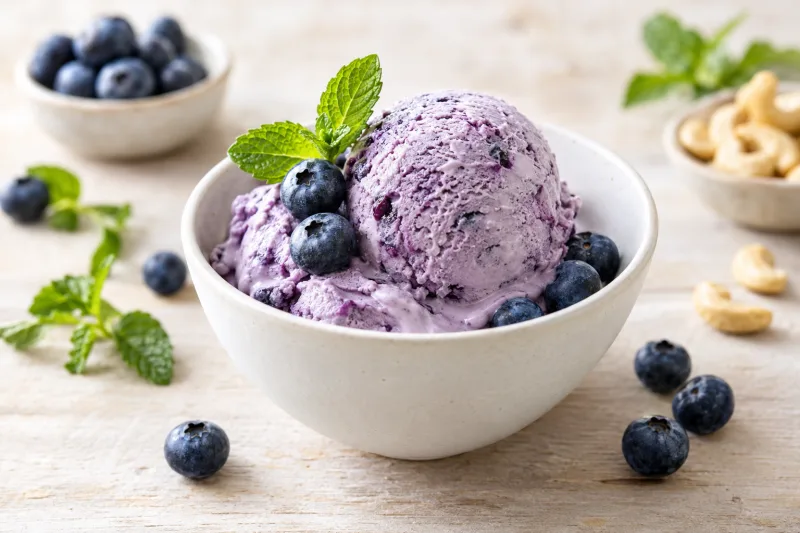 Veganes Blaubeer-Cashew-Eis in einer Schale mit frischen Blaubeeren und Minze garniert