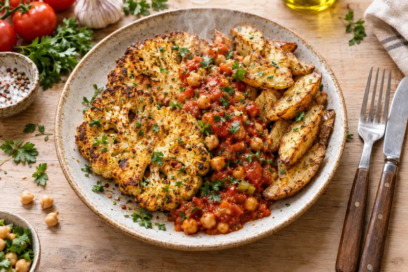 Vegane Blumenkohl-Steaks mit Kartoffelspalten und Tomaten-Kichererbsen-Sauce auf einem Teller, garniert mit Petersilie.