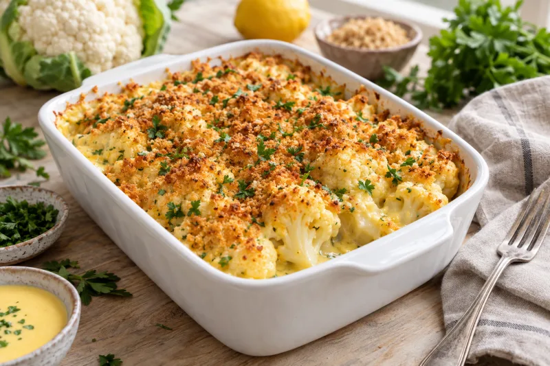 Blumenkohlauflauf mit veganer Sauce Hollandaise in einer Auflaufform, goldbraun überbacken