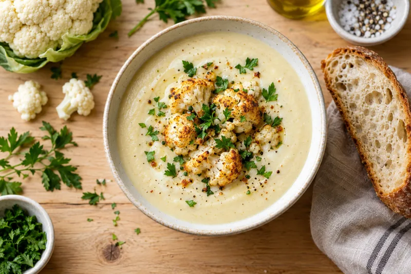 Cremige vegane Blumenkohlsuppe in einer weißen Schale, garniert mit gerösteten Blumenkohlröschen und frischer Petersilie, daneben ein Stück Brot.