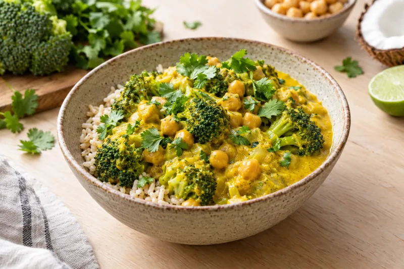 Veganes Brokkoli-Curry mit Kokosmilch und Kichererbsen, serviert mit braunem Reis und frischem Koriander in einer Schale