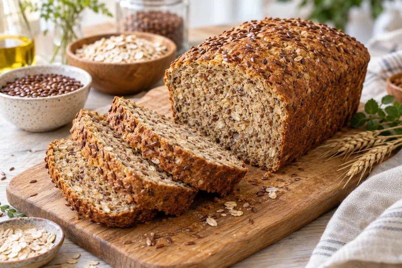Veganes Brot mit Leinsamen auf einem Holzbrett, angeschnitten, mit Leinsamen bestreut