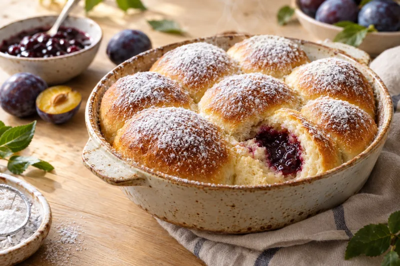 Vegane Buchteln in einer Auflaufform, goldbraun gebacken, mit Puderzucker bestäubt und einem Klecks Powidl daneben.