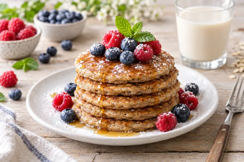 Stapel goldbrauner veganer Buchweizenpfannkuchen auf einem Teller, garniert mit frischen Beeren und Ahornsirup
