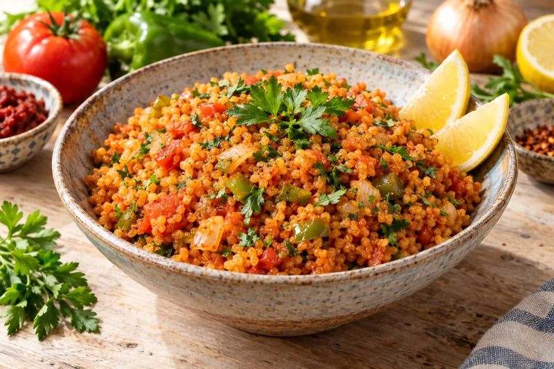 Veganes Bulgur Pilavı mit Tomaten, Paprika und Petersilie in einer Keramikschale, daneben Zitronenspalten und Olivenöl.