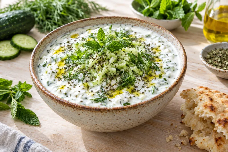 Vegane Cacık in einer Schale mit Gurkenwürfeln, frischer Minze und einem Schuss Olivenöl, daneben Fladenbrot