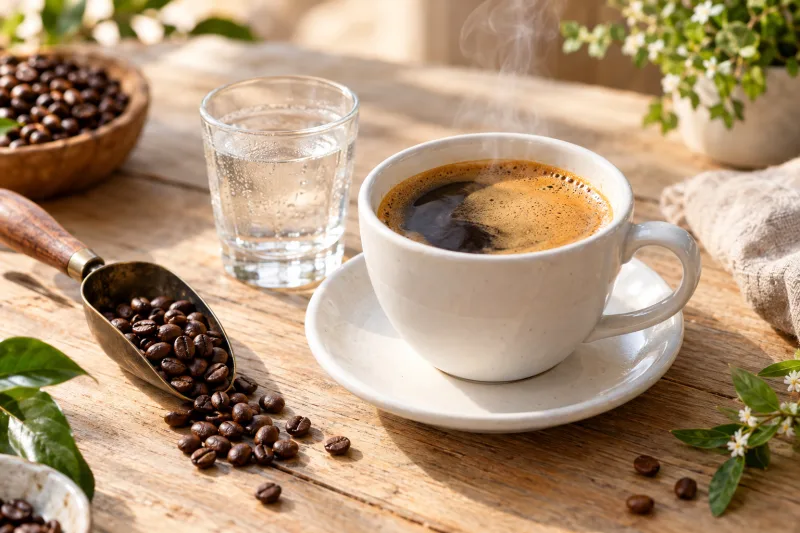 Vegane Café Americano Tasse mit Crema auf Holztisch