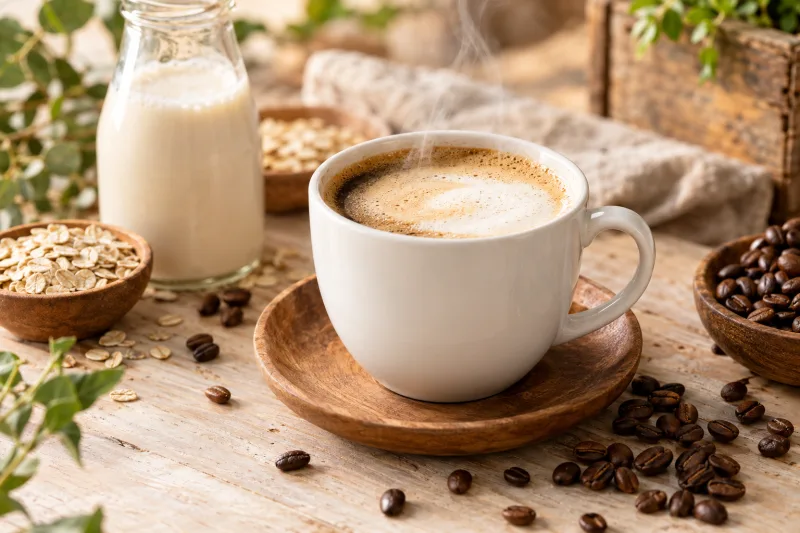 Veganer Caffè lungo mit cremiger Hafermilch in einer Tasse