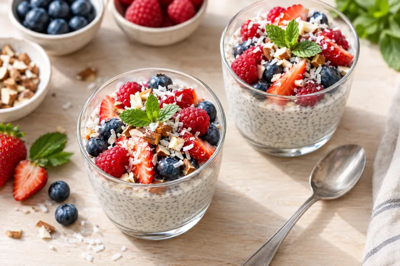Cremiger Chia-Pudding im Glas mit frischen Beeren, Kokosflocken und Nüssen