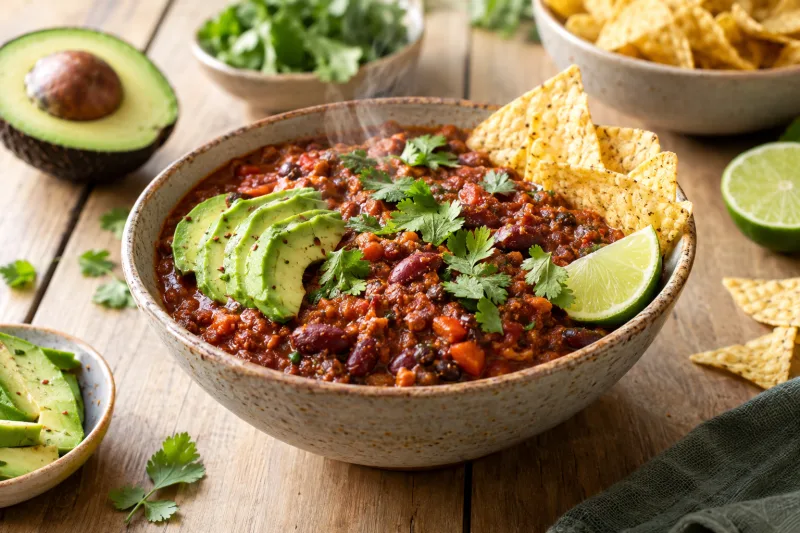 Chili sin Carne in einer Schüssel mit frischem Koriander, Limettenspalten und Tortillachips