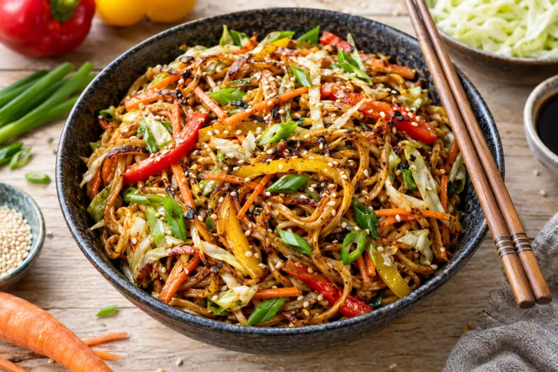 Veganes Chow Mein mit buntem Gemüse und Sesam in einer Schale, von oben fotografiert.