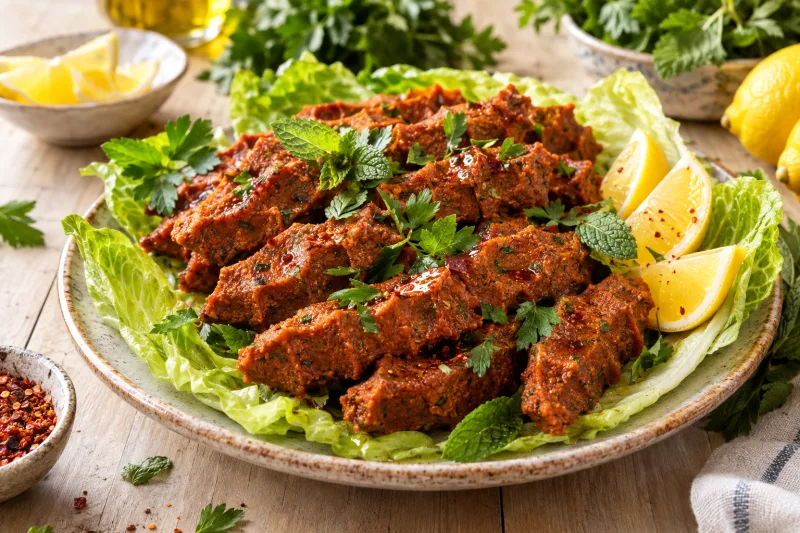 Veganes Cig Köfte in länglicher Form auf Salatblättern mit Zitronenspalten und frischen Kräutern angerichtet