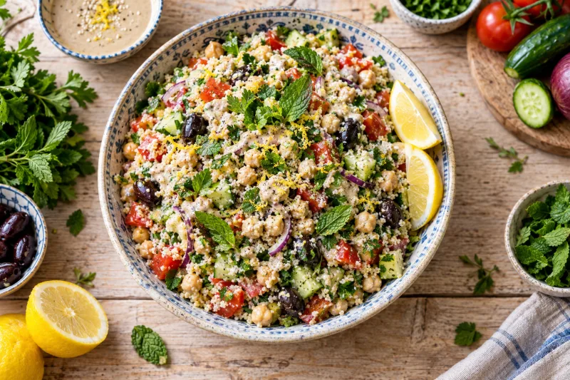 Türkischer Couscous-Salat mit Kichererbsen, Tomaten, Gurke und frischen Kräutern in einer großen Schüssel, garniert mit Minze