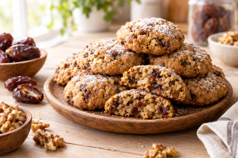 Vegane Dattel-Walnusskekse mit Walnussstücken und goldbrauner Kruste auf einem Holzteller