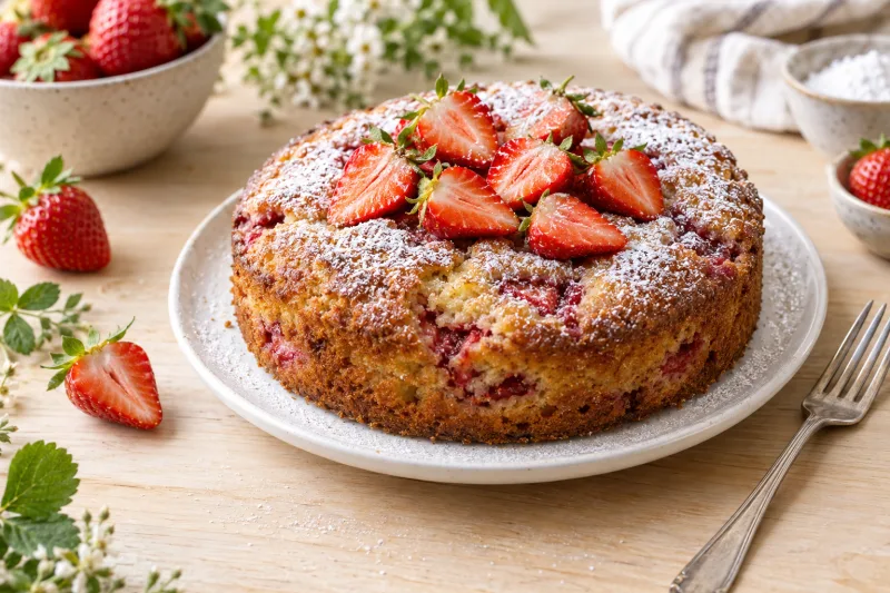 Veganer Erdbeerkuchen mit frischen Erdbeeren auf einem Teller, mit Puderzucker bestäubt