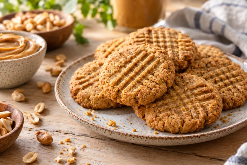 Vegane Erdnussbutterkekse mit Gittermuster auf einem Teller, daneben ein Glas Pflanzenmilch
