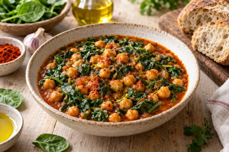Spanisches Pfannengericht mit Spinat und Kichererbsen in roter Paprikasoße, serviert in einer Tonschale mit Brot.