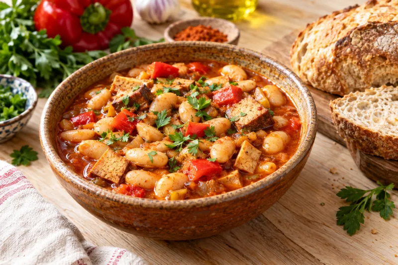 Vegane Fabada Asturiana in einer rustikalen Schüssel, garniert mit frischer Petersilie, daneben knuspriges Brot