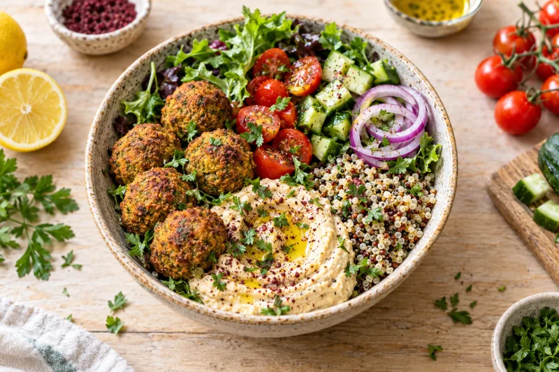 Vegane Falafel-Bowl mit Hummus, Quinoa, Cherrytomaten, Gurke und Blattsalat in einer Keramikschüssel