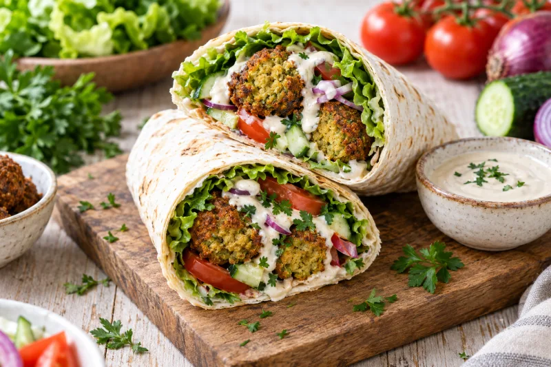 Veganer Falafel-Wrap mit knusprigen Falafelbällchen, frischem Gemüse und Tahini-Sauce auf einem Teller.