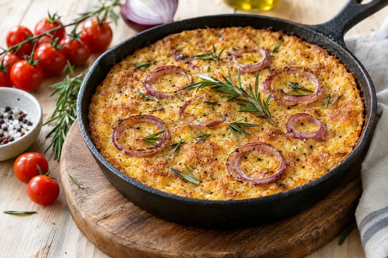 Goldbraune vegane Farinata mit Rosmarin und Zwiebelringen in einer gusseisernen Pfanne, serviert auf einem Holzteller mit Tomaten.