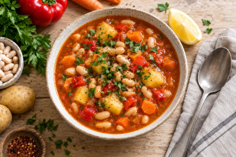 Vegane Fasulye – weiße Bohnensuppe mit Tomaten, Paprika und Petersilie in einem tiefen Teller, dazu Zitronenspalte