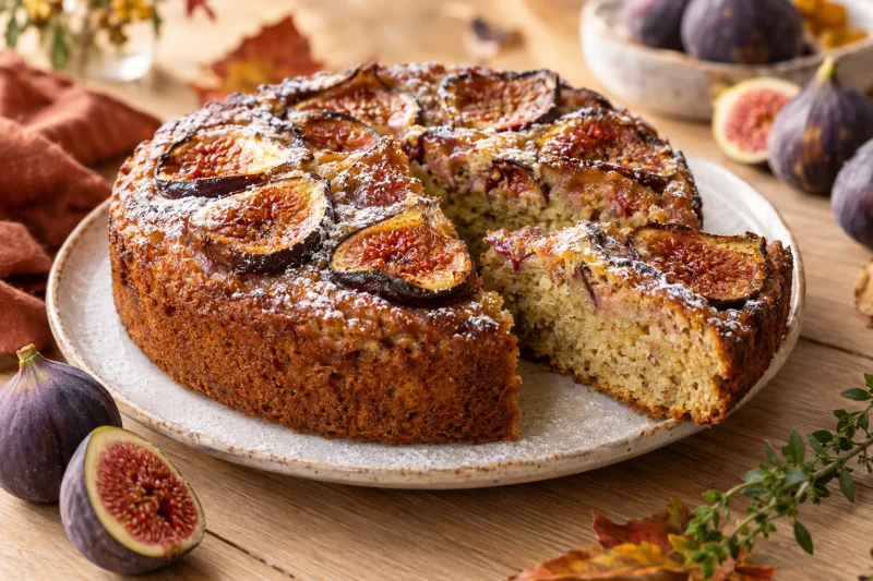 Veganer Feigenkuchen mit halbierten frischen Feigen auf dem Teig, bestäubt mit Puderzucker, auf einem Teller.