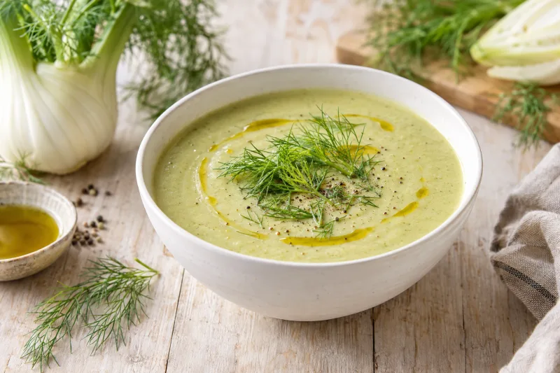 Vegane Fenchelsuppe in weißer Schüssel, garniert mit Fenchelgrün und einem Schuss Olivenöl