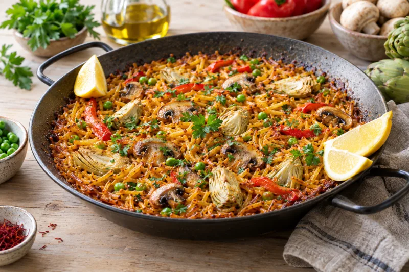 Vegane Fideua in einer Paella-Pfanne mit goldbraunen Nudeln, Champignons, Artischocken, Erbsen und Zitronenspalten