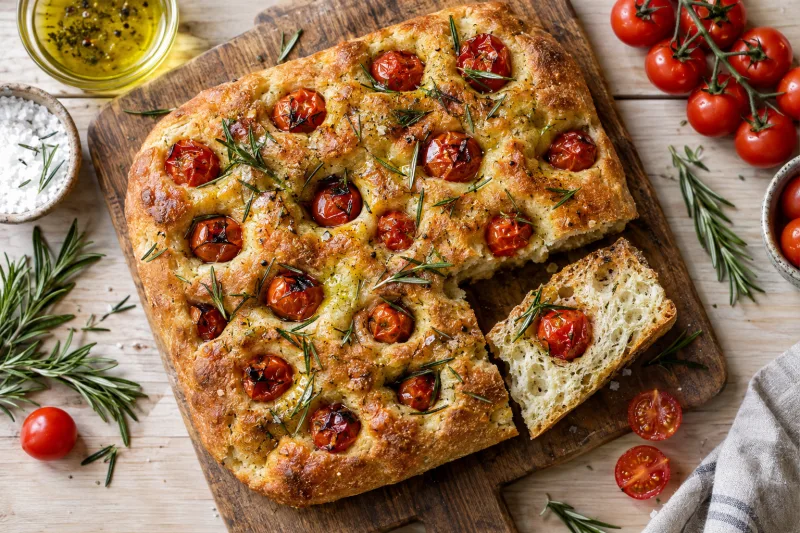 Vegane Focaccia mit Kirschtomaten und Rosmarin auf einem Holzbrett, goldbraun gebacken.