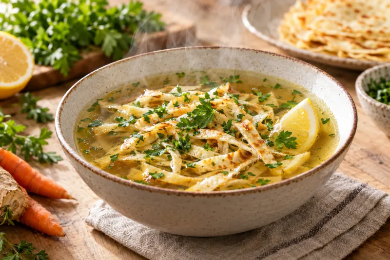 Vegane Frittatensuppe in einer weißen Schüssel mit goldgelben Palatschinkenstreifen, frischer Petersilie und Gemüsebrühe, rustikaler Holztisch