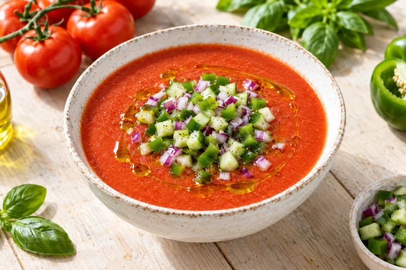 Vegane Gazpacho in einer weißen Schüssel, garniert mit Gemüsewürfeln und Olivenöl