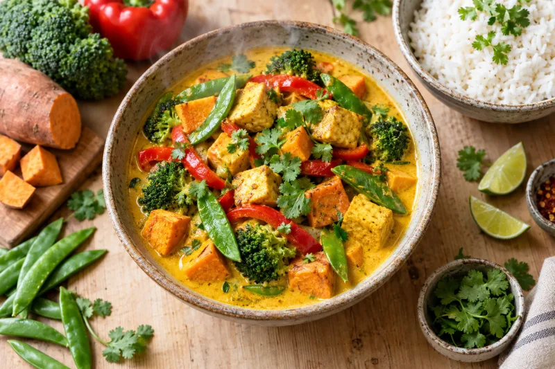 Cremiges gelbes Thai-Curry mit Tofu, Süßkartoffel, Brokkoli und Koriander in einer Schale, daneben Jasminreis
