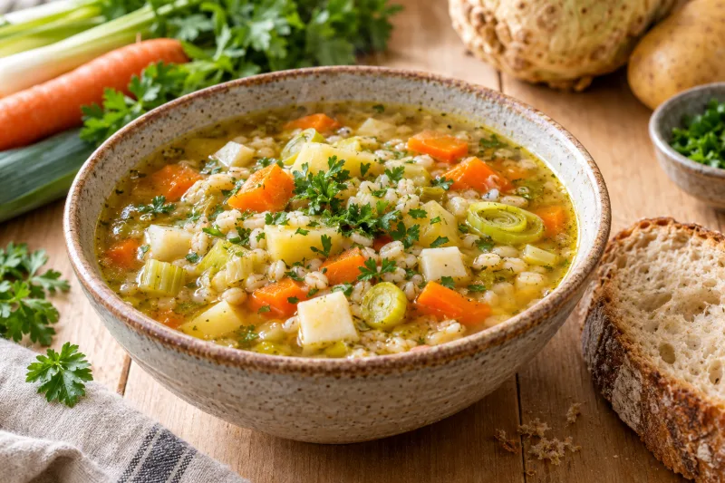 Vegane Gerstensuppe mit Gerstengraupen, Karotten, Lauch und Kartoffeln in einem rustikalen Teller, garniert mit frischer Petersilie.