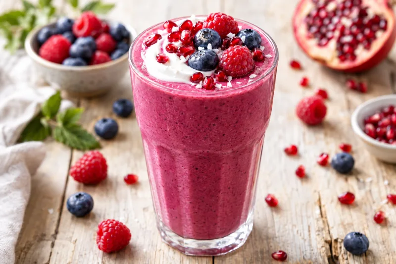 Cremiger Granatapfel-Beeren-Smoothie in einem hohen Glas, garniert mit frischen Beeren und Granatapfelkernen, auf rustikalem Holztisch.