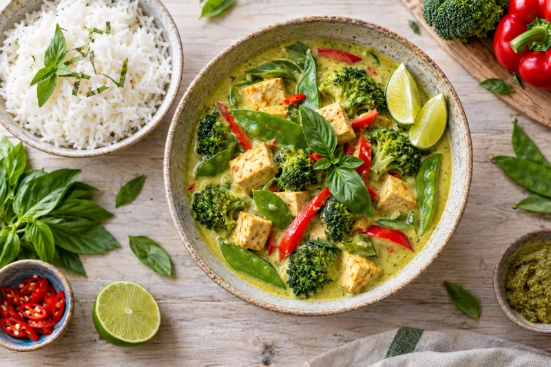 Grünes Thai-Curry mit Tofu, Brokkoli und Reis in einer Schale, garniert mit Basilikum und Limette